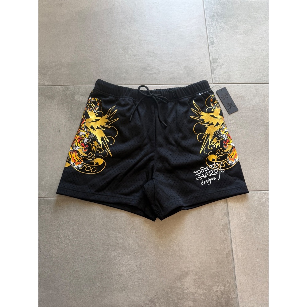 NWT Ed Hardy Mens Black Mesh Tattoo Tiger Eagle Graphic Shorts EHM8004-2 Small